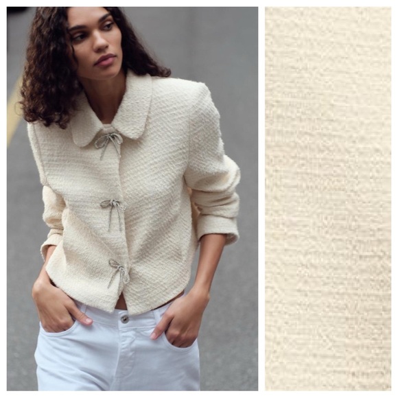 NWOT. Zara Ecru Textured Cropped Bow Buttons Jacket/Blazer. Size M. - Picture 2 of 12